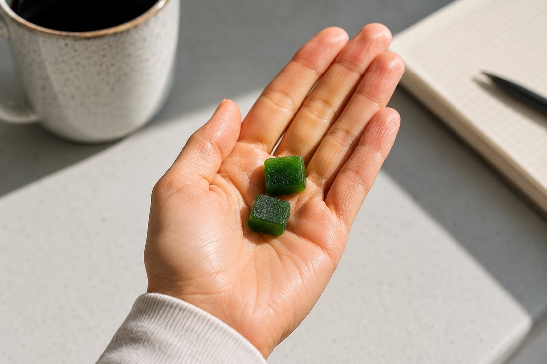 Two Mainstay gummies in hand with morning coffee